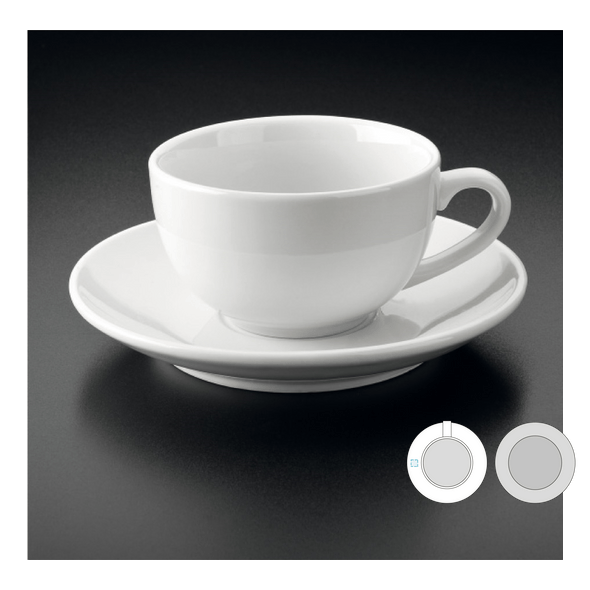 Tazas de café y plato blancos de porcelana